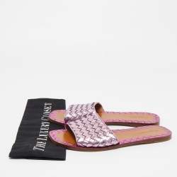 مملوكة مسبقًا Bottega Vaneta Metallic Purple Intrecciato Foil Leather Ravello Flat Slides Size 38