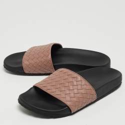 Pre Owned Bottega Veneta Brown Intrecciato Leather Flat Slides Size 38 