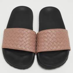 Pre Owned Bottega Veneta Brown Intrecciato Leather Flat Slides Size 38 