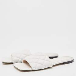 Pre Owned Bottega Veneta White Quilted Leather Flat Slides Size 40