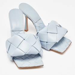 Pre Owned Bottega Veneta Blue Intrecciato Leather Lido Slide Sandals Size 38