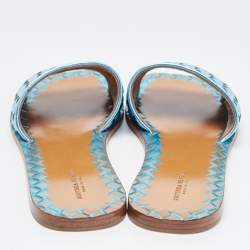 Pre Owned Bottega Veneta Metallic Blue Leather Flat Slides Size 38.5