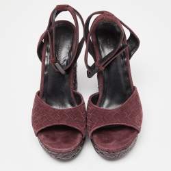 مملوكة مسبقًا Bottega Veneta Plum Intrecciato Suede Coated Espadrille Platform Ankle Strap Sandals Size 38