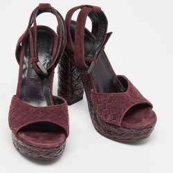 مملوكة مسبقًا Bottega Veneta Plum Intrecciato Suede Coated Espadrille Platform Ankle Strap Sandals Size 38