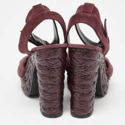 مملوكة مسبقًا Bottega Veneta Plum Intrecciato Suede Coated Espadrille Platform Ankle Strap Sandals Size 38