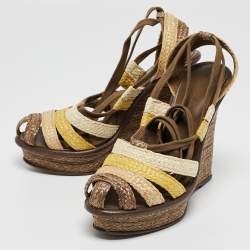 مملوكة مسبقًا Bottega Veneta Multicolor Raffia Platform Ankle Wrap Wedge Sandals Size 39