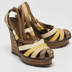 مملوكة مسبقًا Bottega Veneta Multicolor Raffia Platform Ankle Wrap Wedge Sandals Size 39