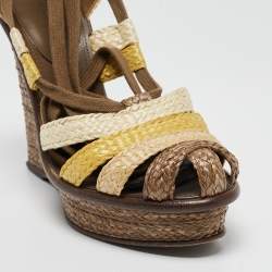 مملوكة مسبقًا Bottega Veneta Multicolor Raffia Platform Ankle Wrap Wedge Sandals Size 39