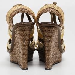 مملوكة مسبقًا Bottega Veneta Multicolor Raffia Platform Ankle Wrap Wedge Sandals Size 39