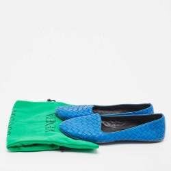 Pre Owned Bottega Veneta Blue Intrecciato Leather Smoking Slippers Size 37