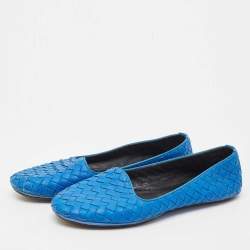 Pre Owned Bottega Veneta Blue Intrecciato Leather Smoking Slippers Size 37