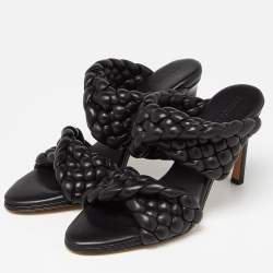 Pre Owned Bottega Veneta Black Intrecciato Leather Curve Slide Sandals Size 37