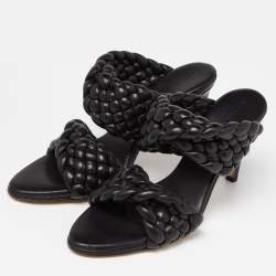 Pre Owned Bottega Veneta Black Intrecciato Leather Curve Slide Sandals Size 39