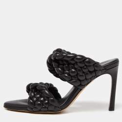 Pre Owned Bottega Veneta Black Intrecciato Leather Curve Slide Sandals Size 39