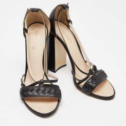 Pre Owned Bottega Veneta Black Intrecciato Leather Block Heel Sandals Size 38