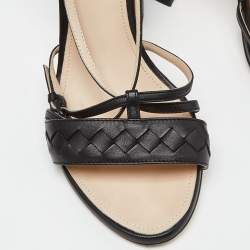Pre Owned Bottega Veneta Black Intrecciato Leather Block Heel Sandals Size 38