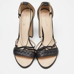 Pre Owned Bottega Veneta Black Intrecciato Leather Block Heel Sandals Size 38