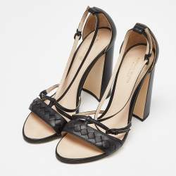 Pre Owned Bottega Veneta Black Intrecciato Leather Block Heel Sandals Size 38