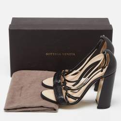 Pre Owned Bottega Veneta Black Intrecciato Leather Block Heel Sandals Size 38