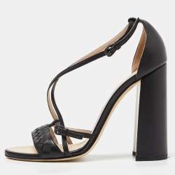 Pre Owned Bottega Veneta Black Intrecciato Leather Block Heel Sandals Size 38