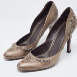 Pre Owned Bottega Veneta Olive Green Leather Round Toe Pumps Size 38.5