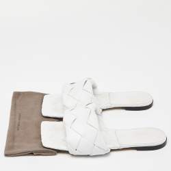 Pre Owned Bottega Veneta White Intrecciato Leather Lido Flat Slides Size 41.5