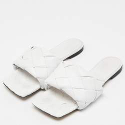 Pre Owned Bottega Veneta White Intrecciato Leather Lido Flat Slides Size 41.5