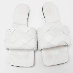 Pre Owned Bottega Veneta White Intrecciato Leather Lido Flat Slides Size 41.5