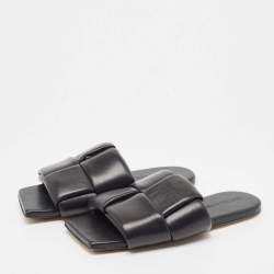 Pre Owned Bottega Veneta Black Leather Patch  Flat Slides Size 37 