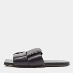 Pre Owned Bottega Veneta Black Leather Patch  Flat Slides Size 37 