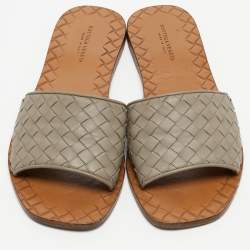 Bottega Veneta Grey Intrecciato Leather Flat Slides Size 37