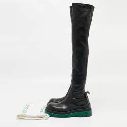 Pre Owned Bottega Veneta Black Leather Lug Sole Knee Length Boots Size 39