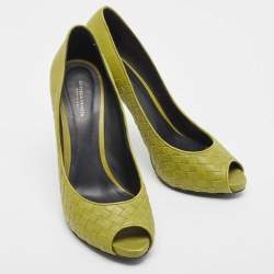Pre Owned Bottega Veneta Green Intrecciato Leather Peep Toe Pumps Size 40