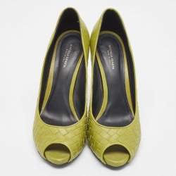 Pre Owned Bottega Veneta Green Intrecciato Leather Peep Toe Pumps Size 40