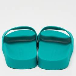 Pre Owned Bottega Veneta Green Rubber Pool Flat Slides Size 38
