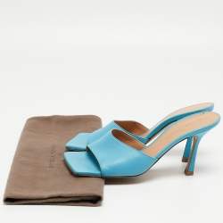 Pre Owned Bottega Veneta Blue Leather Stretch Open Toe Slide Sandals Size 37