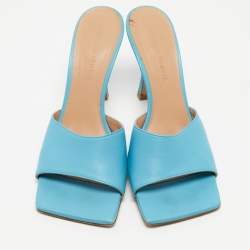 Pre Owned Bottega Veneta Blue Leather Stretch Open Toe Slide Sandals Size 37