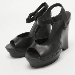 مملوكة مسبقًا Bottega Veneta Black Leather Wedge Platform Ankle Strap Sandals Size 40