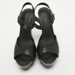مملوكة مسبقًا Bottega Veneta Black Leather Wedge Platform Ankle Strap Sandals Size 40