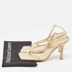 Pre Owned Bottega Veneta Beige Leather Stretch Thong Ankle Strap Sandals Size 38.5