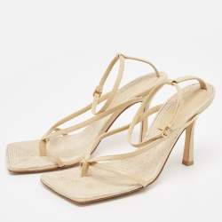Pre Owned Bottega Veneta Beige Leather Stretch Thong Ankle Strap Sandals Size 38.5