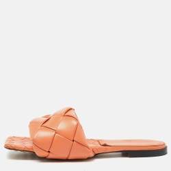 Pre Owned Bottega Veneta Orange Intrecciato Leather Lido Flat Slides Size 41