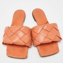 Pre Owned Bottega Veneta Orange Intrecciato Leather Lido Flat Slides Size 41