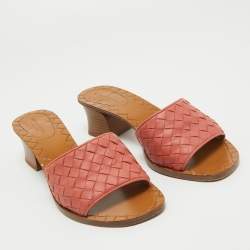 Pre Owned Bottega Veneta Pink Intrecciato Leather Ravello Slides Size 37
