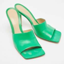 مملوكة مسبقًا Bottega Veneta Green Leather Square Open Toe Slide Sandals Size 38