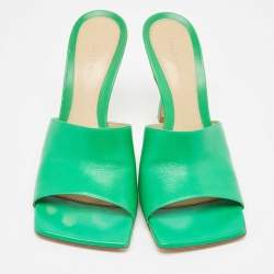 مملوكة مسبقًا Bottega Veneta Green Leather Square Open Toe Slide Sandals Size 38