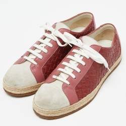 Pre Owned Bottega Veneta Tri Color Intrecciato Leather And Suede Cap Toe Espadrille Low Top Sneakers Size 39.5