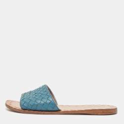 Bottega Veneta Blue Intrecciato Leather Flat Slides Size 36