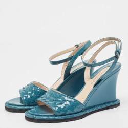 Pre Owned Bottega Veneta Blue Intrecciato Patent Leather Wedge Ankle Strap Sandals Size 36