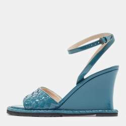 Pre Owned Bottega Veneta Blue Intrecciato Patent Leather Wedge Ankle Strap Sandals Size 36